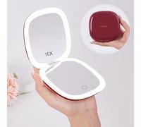 Mocado Compact Mirror with Light, 1X/10X Travel Magnifying Mirror, 10cm LED Travel Makeup Mirror with 3 Color Adjustable Lights, Double Sided USB Rechargeable & Touch Screen, Portable(Wine Red)