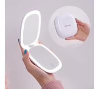 Mocado Compact Mirror with Light, 1X/10X Travel Magnifying Mirror, 10cm LED Travel Makeup Mirror with 3 Color Adjustable Lights, Double Sided USB Rechargeable & Touch Screen, Portable(White)