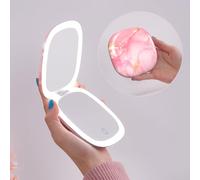 Mocado Compact Mirror with Light, 1X/10X Travel Magnifying Mirror, 10cm LED Travel Makeup Mirror with 3 Color Adjustable Lights, Double Sided USB Rechargeable & Touch Screen, Portable(Pink Marble)