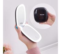 Mocado Compact Mirror with Light, 1X/10X Travel Magnifying Mirror, 10cm LED Travel Makeup Mirror with 3 Color Adjustable Lights, Double Sided USB Rechargeable & Touch Screen, Portable(Black)