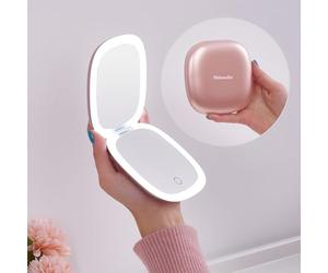 Mocado Compact Mirror with Light, 1X/10X Travel Magnifying Mirror, 10cm LED Travel Makeup Mirror with 3 Color Adjustable Lights, Double Sided USB Rechargeable & Touch Screen, Portable(Rose Gold)