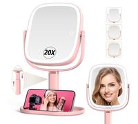Mocado Makeup Mirror with Light, 360° Rotation 1X/20X Magnifying Makeup Mirror, Rechargeable Double Sided Tabletop Vanity Mirror with Height Adjustable, 3 Color Light, Dimmable Touch, 21.4cm(Pink)