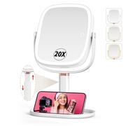 Mocado Makeup Mirror with Light, 360° Rotation 1X/20X Magnifying Makeup Mirror, Rechargeable Double Sided Tabletop Vanity Mirror with Height Adjustable, 3 Color Light, Dimmable Touch, 21.4cm(White)