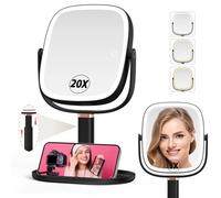 Mocado Makeup Mirror with Light, 360° Rotation 1X/20X Magnifying Makeup Mirror, Rechargeable Double Sided Tabletop Vanity Mirror with Height Adjustable, 3 Color Light, Dimmable Touch, 21.4cm(Black)