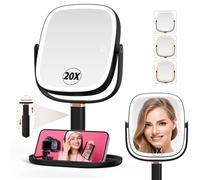 Mocado Makeup Mirror with Lights, 1X/20X Magnifying Mirror with Light, Vanity Mirror with 3 Colors Lights, Height Adjustable Lighted Makeup Mirror, Double Sided 360°Rotation, Memory Function (Black)