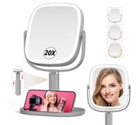 Mocado Makeup Mirror with Lights, 1X/20X Magnifying Mirror with Light, Vanity Mirror with 3 Colors Lights, Height Adjustable Lighted Makeup Mirror, Double Sided 360°Rotation, Memory Function (Grey)