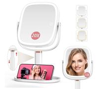 Mocado Makeup Mirror with Lights, 1X/20X Magnifying Mirror with Light, Vanity Mirror with 3 Colors Lights, Height Adjustable Lighted Makeup Mirror, Double Sided 360°Rotation, Memory Function (White)