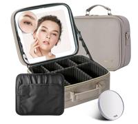 Mocado Travel Makeup Bag with LED Lighted Mirror, Travel Makeup Organizer, Makeup Case with 3 Color Lighted Setting and 10x Magnifying Mirror, Portable Storage and Adjustable Dividers Makeup Box, Grey