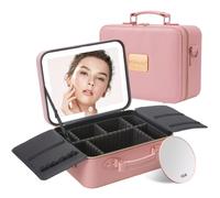 Mocado Travel Makeup Bag with LED Lighted Mirror, Travel Makeup Organizer, Makeup Case with 3 Color Lighted Setting and 10x Magnifying Mirror, Portable Storage and Adjustable Dividers Makeup Box, Pink