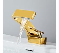 MocArt 2239 Waterfall Faucet, Bathroom Hot and Cold Mixer Tap, Hotel Basin Copper Faucet, Ceramic Valve Core, Single Hole Installation, Water Saving Design (Bright Gold)