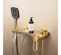 MocArt N502 Wall-Mounted Bathtub Waterfall Faucet, Copper Material, Hot & Cold Dual Control, with 3-Setting Handheld Shower, 1.5M Hose, Ideal for Bathroom Renovation & Modernization (Gold)