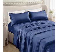 Mocassi Premium Satin 4-Piece Bed Sheet Set Ultra Smooth, Cooling, Gentle on Skin and Hair - Deep Pocket Fitted Sheet, Long-Lasting Wrinkle and Stain Resistant Fabric, King, Navy Blue