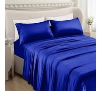 Mocassi Premium Satin 4-Piece Bed Sheet Set Ultra Smooth, Cooling, Gentle on Skin and Hair - Deep Pocket Fitted Sheet, Long-Lasting Wrinkle and Stain Resistant Fabric, Full, Royal Blue