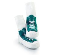 Mocc Ons moccasin washable leather sole slipper socks (12-18 Months, Sneaker Turquoise)
