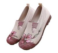 Moccasins Women's Comfortable Slip On Trainers Lightweight Breathable Casual Shoes Delicate Floral Embroidery Ballerina Slip On Knitted Dress Flat Shoes Pumps Comfortable Ballet Flats Round Toe, red