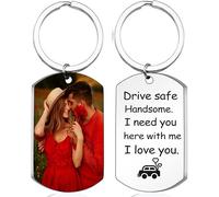 Mocessory Custom Keychain with Picture Personalized Double-sided Photo/Text+Icons/Dog tag Keychains Drive Safe Boy Girlfriend Gifts (Color Photo &Text,Silver)