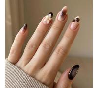 Mocha Ombre Glossy Almond Nails - Reusable Medium False Nails With 3D Floral & Coffee Bean Accents For Women, Elegant Press On For Casual Wear And Stylish Gradient Art Kit