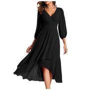 MOCHAMIK 2026 Women's Chiffon Spring Dress V-Neck Long Sleeve Pleated A-Line Midi Length Wedding Guest Dress