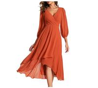MOCHAMIK 2026 Women's Chiffon Spring Dress V-Neck Long Sleeve Pleated A-Line Midi Length Wedding Guest Dress