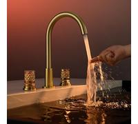 MOCHAMIK 3 Hole Taps for Bathroom Basin 2 Knobs 360° Rotation Bathroom Sink Taps Set of 3 Gooseneck,Brushed Gold