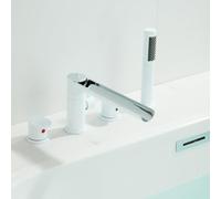 MOCHAMIK 4 Hole Bath Taps with Shower Open Waterfall Nozzle 360° Rotating Waterfall Mixer Taps for Bath Deck Mounted,White + Chrome Plated