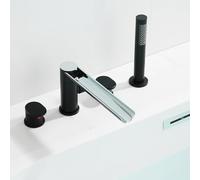 MOCHAMIK 4 Hole Bath Taps with Shower Open Waterfall Nozzle 360° Rotating Waterfall Mixer Taps for Bath Deck Mounted,Black + Chrome Plated