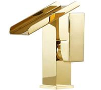 MOCHAMIK BiaoTeng Gold Waterfall Taps for Bathroom Basin Hot and Cold Brass Single Handle Bathroom Basin Waterfall Tap Gold Low