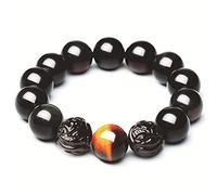 MOCHAMIK Black Obsidian Bracelet, Double Piyao Bracelet Natural Rainbow Eye Gold Crystal Talisman Prosperity,Obsidian,14mm