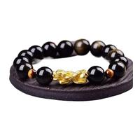 MOCHAMIK Black Obsidian, Gold Plated Natural Gold Obsidian Round Bead Crystal Bangle Money Prosperity 12mm