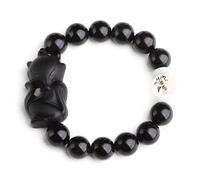 MOCHAMIK Black Obsidian, Natural Frosted Obsidian Beads Crystal Fox Bangle for Man/Women Talisman Protects Luck Love Money Wealth Happy Prosperity,14mm