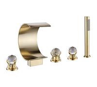 MOCHAMIK Brushed Gold Widespread Waterfall Tub Faucet Set - 5-Hole Deck Mount Bathroom Filler with Brass Handheld Shower & Elegant Crystal Accents for Luxurious Spa Experience