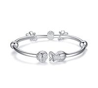 MOCHAMIK Cuff Bangle Chain Bracelets,925 Silver Bracelet Chinese Round Beads Horn Pattern Cuff Bangle Friendship Bracelet Ladies Silver Jewellery Birthday Gifts For Sisters Friend Mom