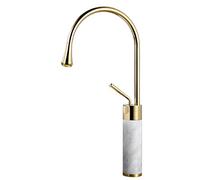 MOCHAMIK Gold Natural Marble Basin Mixer Taps Bathroom Faucet, Hot and Cold Water Single Hole Countertop Brass Wash Basin Tap, Luxury Gold + White High End
