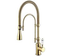 MOCHAMIK Gold Pull-Down Kitchen Faucet, Brass Kitchen Sink Mixer, Stylish Vanity Sink Tap, High-Arc Kitchen Faucet, Kitchen Faucet with Spray Function, for Home and Restaurant.