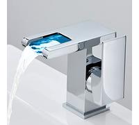 MOCHAMIK LED Waterfall Bathroom Faucet Brass Single Handle Hot and Cold Water Mixer for Vanity Basin 3 Color Changing Lights Chrome Finish