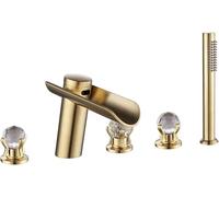 MOCHAMIK Luxury 5-Hole Waterfall Bathtub Faucet Set Brushed Gold Finish Deck Mount Handheld Shower Head & Crystal Handle for Elegant Bathroom Upgrade & Decor