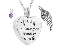 MOCHAMIK Necklace for Ashes Uncle, Necklace for Ashes Heart I Love You Forever Uncle ECG with Wing Birthstone Necklace for Memorial Keepsake