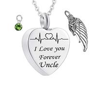 MOCHAMIK Necklace for Ashes Uncle, Necklace for Ashes Heart I Love You Forever Uncle ECG with Wing Birthstone Necklace for Memorial Keepsake