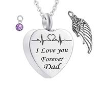 MOCHAMIK Necklaces for Ashes Dad, Heart Pendant for Ashes I Love You Forever Dad ECG with Wing Birthstone Necklace for Memorial Keepsake