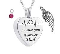 MOCHAMIK Necklaces for Ashes Dad, Heart Pendant for Ashes I Love You Forever Dad ECG with Wing Birthstone Necklace for Memorial Keepsake