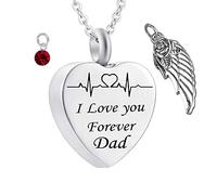 MOCHAMIK Necklaces for Ashes Dad, Heart Pendant for Ashes I Love You Forever Dad ECG with Wing Birthstone Necklace for Memorial Keepsake