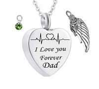 MOCHAMIK Necklaces for Ashes Dad, Heart Pendant for Ashes I Love You Forever Dad ECG with Wing Birthstone Necklace for Memorial Keepsake