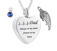 MOCHAMIK Necklaces for Ashes Dad, Heart Pendant for Ashes I Love You Forever Dad ECG with Wing Birthstone Necklace for Memorial Keepsake