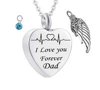 MOCHAMIK Necklaces for Ashes Dad, Heart Pendant for Ashes I Love You Forever Dad ECG with Wing Birthstone Necklace for Memorial Keepsake