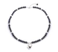 MOCHAMIK Sterling Silver Pearl Necklace With Puffed Heart Pendant - 925 Silver Blue Pearl Beaded Choker - Vintage-Style Jewellery for Women - Regency Era Necklaces - Romantic Goth