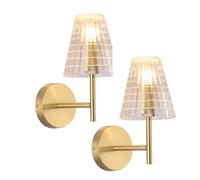 MOCHAMIK Wall Lamps Sconces Mid Century Bedroom Bedside Wall Sconces, Grid Clear Glass Lampshade Wall Lighting Fixtures with Full Copper Finish, E14/E12 Sockets Gold Wall Lamps for Hallway Living