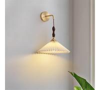 MOCHAMIK Wall Lamps Sconces Wall Sconces Retro Pleated Fabric Shade Wall Lights Mid Century Farmhouse Copper E14/E12 Wall Lamps with Solid Wood Decoration for Kitchen Bathroom Vanity(12.2in)