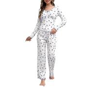 MochiMori Women's V Neck Pyjama Set Floral Printed Ribbed Knit Loungewear Sets for Women UK Stretchy Long Sleeve Pjs Trousers 2 Piece Outfits Sleepwear Blue