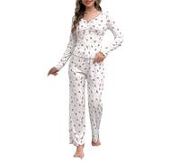 MochiMori Women's V Neck Pyjama Set Floral Printed Ribbed Knit Loungewear Sets for Women UK Stretchy Long Sleeve Pjs Trousers 2 Piece Outfits Sleepwear Pink