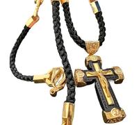 MOCIUN 5Pcs Elegant Handcrafted Rosary with Ornate Golden Crosses, Mens Gold Cross Necklace, Handmade Leather Braided Rope Jesus Christ Gold Cross Pendant Necklace, Symbol of Faith and Protection
